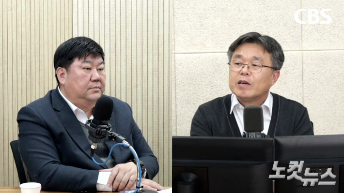 CBS <부울경  투데이>서 대담 중인 전원석 부산민주당 대변인(왼쪽)과 박상희 부산CBS 보도국장(오른쪽). CBS