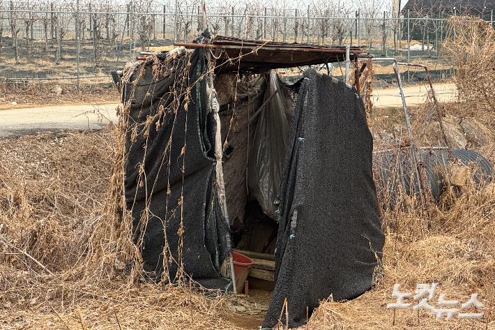 경기도 포천시 가산면의 한 농경지에 있는 이주노동자들의 야외 재래식 화장실. 이곳에서 거주하던 여성 이주노동자들이 쓰던 화장실이지만, 최근 불법 적발로 인해 사용되지 않고 있다. 김수진 기자