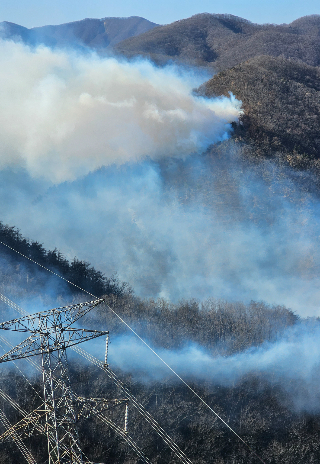 경주 문무대왕면 산불. 아래로 송전탑이 보인다. 경북소방본부 제공