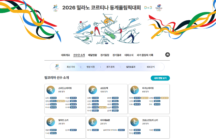 2026 밀라노코르티나동계올림픽대회 공식 홈페이지 화면. 대한체육회 제공