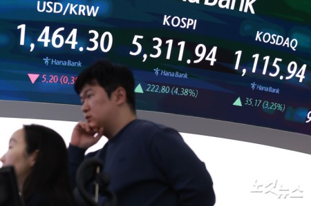미국 증시 훈풍에 코스피가 5300선을 회복한 9일 서울 중구 하나은행 딜링룸 현황판에 지수가 표시돼 있다.
