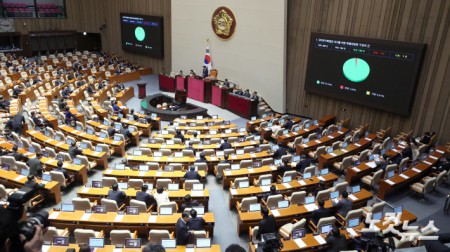 김민석 국무총리가 9일 서울 여의도 국회에서 열린 본회의에서 대미투자특별법 처리를 위한 특별위원회 구성의 건이 통과되고 있다.
