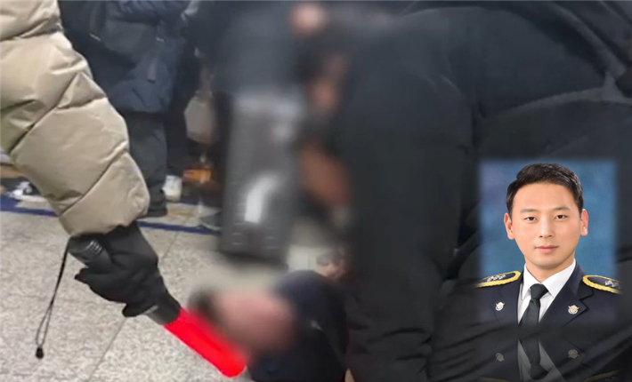 김포공항역 흉기 난동 제압 당시 모습과 해양경찰관 윤상근 경장 프로필 사진. 독자 제공