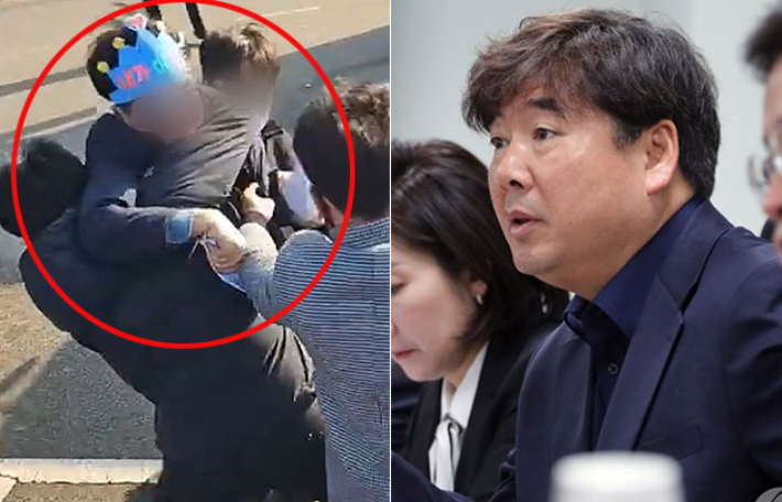 2024년 1월 부산 가덕도 신공항 부지를 방문한 이재명 당시 더불어민주당 대표를 흉기로 공격한 김진성이 현장에서 경찰에 체포되고 있다(왼쪽)·유튜버 고성국씨. 연합뉴스