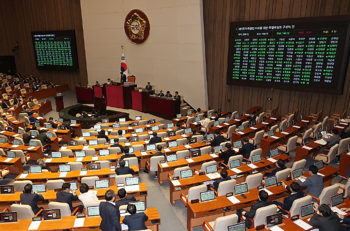 지난 9일 국회 본회의장에서 열린 2월 임시국회 본회의에서 대미투자특별법 처리를 위한 특별위원회 구성의 건이 가결되고 있다. 연합뉴스