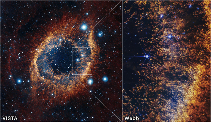 지상 기반 가시광선 및 적외선 천문망원경(왼쪽)에서 촬영한 나선 성운 이미지는 행성 성운의 전체 모습을 보여줍니다. 오른쪽은 제임스웹 우주망원경의 NIRCam(오른쪽)에서 촬영한 이미지. ESO, VISTA, NASA, ESA, CSA, STScI, J.에머슨(J. Emerson, ESO)