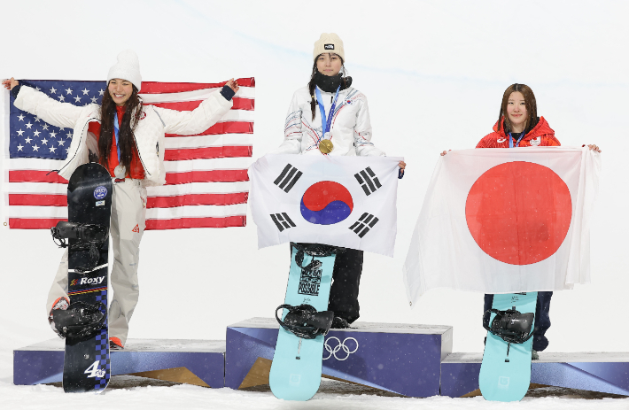 12일(현지시간) 이탈리아 리비뇨 스노파크에서 열린 2026 밀라노·코르티나담페초 동계 올림픽 스키 스노보드 여자 하프파이프 결선에서 90.25점을 획득해 금메달을 획득한 한국 최가온이 시상대에 올라 태극기를 펼치고 있다. 연합뉴스