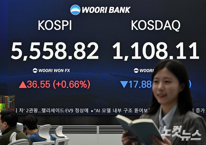 서울 중구 우리은행 본점 딜링룸 현황판에 코스피와 코스닥 지수가 표출되고 있는 모습. 황진환 기자