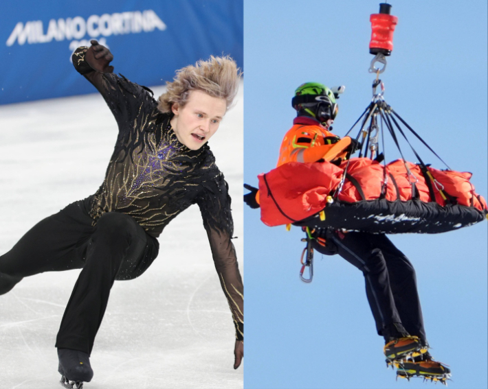 미국 일리야 말리닌이 착지 실수로 넘어지고 있다. 사진 오른쪽은 헬기에 실려가는 린지 본. 연합뉴스