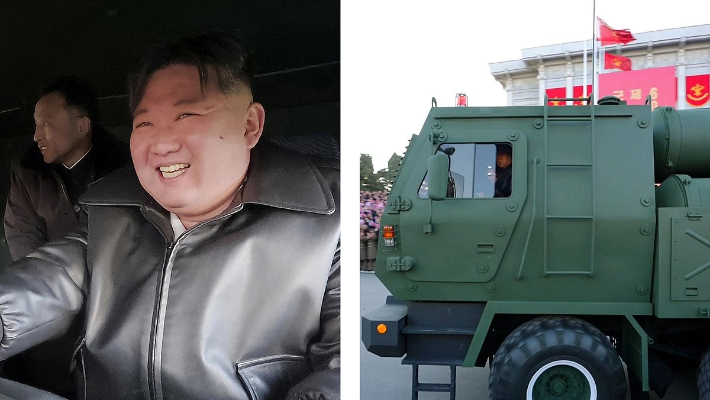김정은 북한 국무위원장(왼쪽)과 신형 600mm 대구경 방사포. 연합뉴스