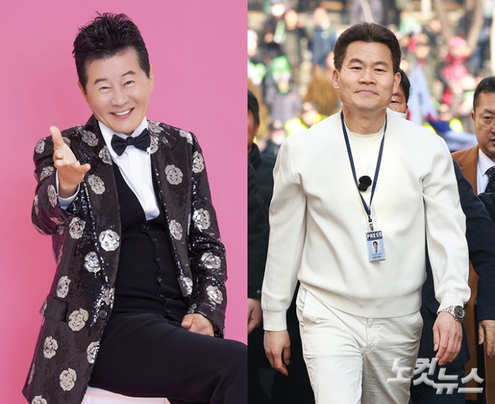 가수 태진아와 보수 유튜버 전한길. 태진엔터 제공·류영주 기자