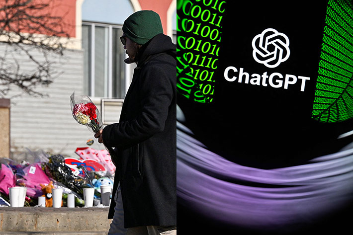 한 남성이 캐나다 브리티시컬럼비아주 텀블러리지 시청 계단에 마련된 총기난사 사건 임시 추모 공간에 헌화하는 모습. 오른쪽은 챗GPT 이미지. 연합뉴스