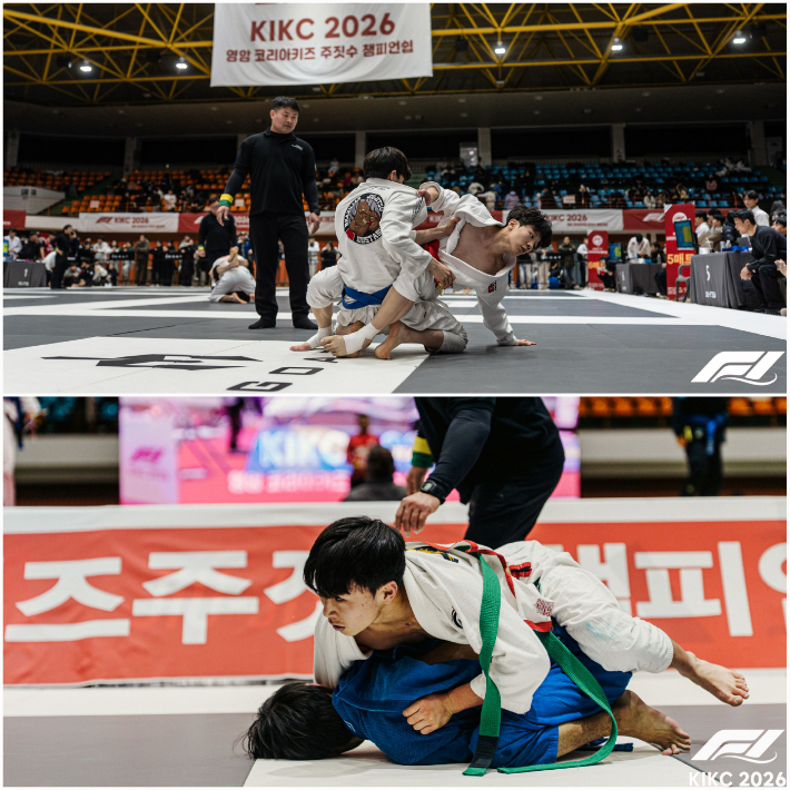 김포 팀토마주짓수 소속 서현수, 강진모 선수가 지난달 제1회 영암 코리아키즈 주짓수 챔피언쉽 대회에서 경기하고 있는 모습. KIKC 제공