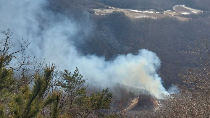 23일 오후 1시 57분쯤 강원 정선군 신동읍 미륵암 인근 도로에서 난 불이 인근 야산으로 번졌다. 강원소방본부 제공