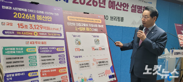 유정복 인천시장이 인천시 예산안에 대해 설명하고 있다. 박창주 기자