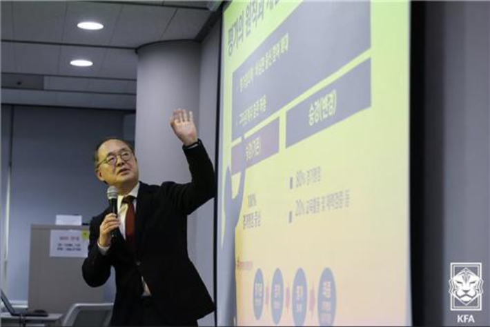 심판 발전 정책 발표회에서 발언하는 대한축구협회 이용수 부회장. 대한축구협회 제공