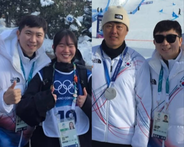 유승민 회장과 동메달리스트 유승은(사진 왼쪽). 사진 오른쪽은 유 회장과 은메달리스트 김상겸. 유 회장 SNS 사진 캡처