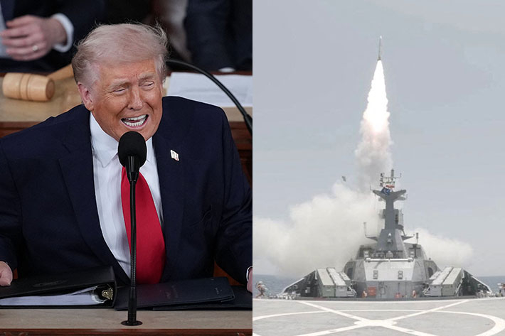 연설중인 도널드 트럼프 미국 대통령(왼쪽), 이란 이슬람혁명수비대의 미사일 발사 훈련 모습. 연합뉴스
