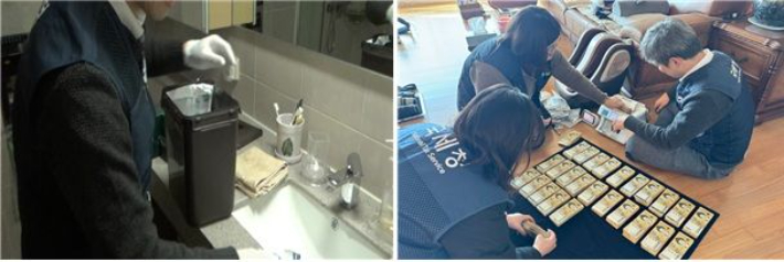 화장실 수납장에서 발견한 김치통(외쪽)과 김치통 안 현금 계수 모습. 국세청 제공