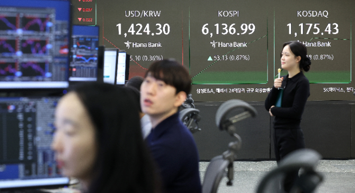 26일 서울 중구 하나은행 본점에서 직원들이 증시와 환율을 모니터하고 있다. 연합뉴스