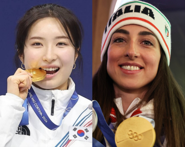 2026 밀라노·코르티나담페초 동계올림픽 금메달리스트 김길리(사진 왼쪽)와 이탈리아 금메달리스트 리사 비토치. 연합뉴스