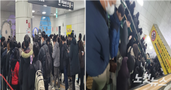 김포골드라인 김포공항역에서 이용객들이 승강장까지 내려가지 못하고 대기하고 있는 모습(왼쪽)과 계단으로 인파가 밀려드는 모습(오른쪽). 박창주 기자