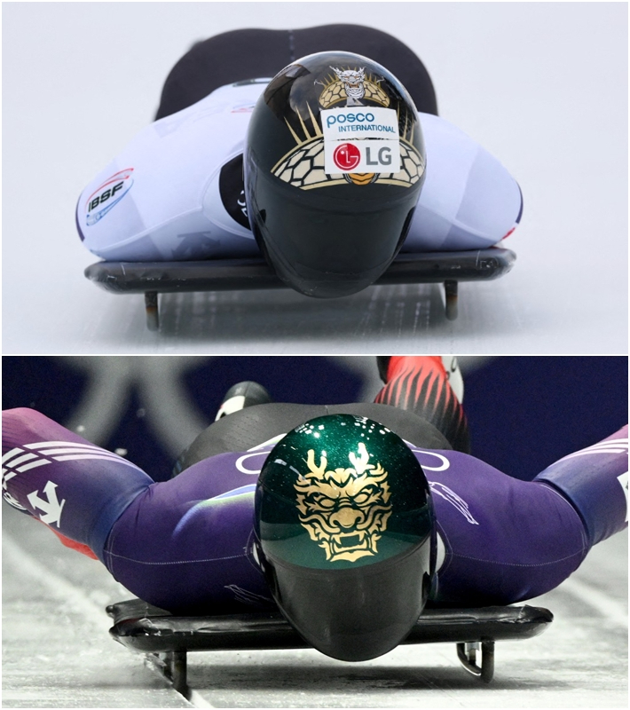 정승기의 거북선 헬멧(위)과 올림픽에서 쓴 용머리 헬멧. 연합뉴스