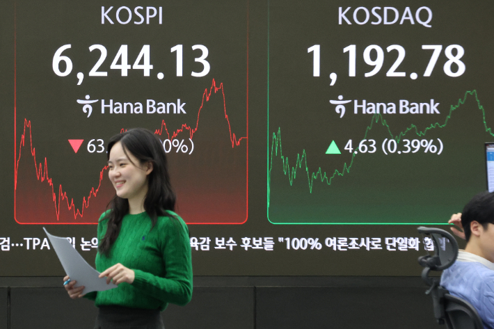 서울 중구 하나은행 본점 딜링룸 현황판에 코스피, 코스닥 지수가 표시돼 있다. 연합뉴스