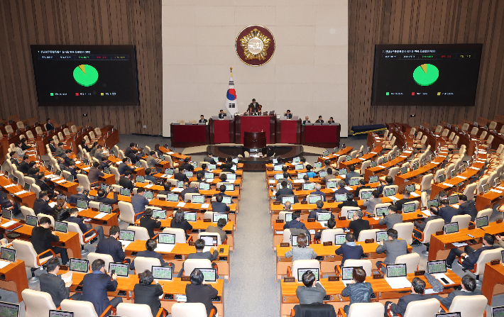 1일 국회에서 전남광주통합특별시 설치를 위한 특별법안(대안)이 여당 주도로 통과되고 있다. 연합뉴스