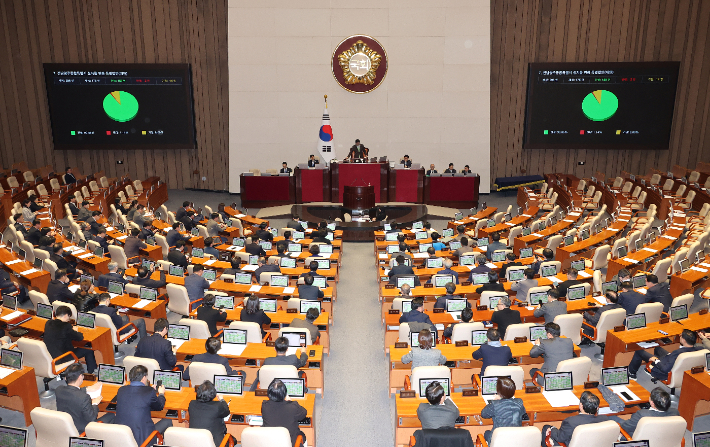 1일 국회에서 전남광주통합특별시 설치를 위한 특별법안(대안)이 여당 주도로 통과되고 있다. 연합뉴스