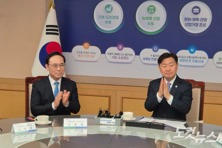 3일 오전 전북도청에서 전북도와 현대로템 등이 투자 협약을 체결했다. 김관영 전북도지사(우측)와 현대로템 이용배 대표. 송승민 기자