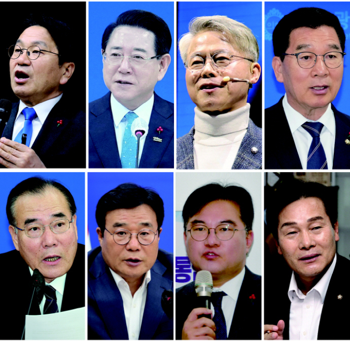 통합특별시장 민주당 후보들. 강기정 광주시장, 김영록 전남지사, 민형배 의원, 신정훈 의원, 주철현 의원, 정준호 의원, 이병훈 민주당 호남특위 부위원장, 이개호 의원(사진 왼쪽 위부터 시계방향). 연합뉴스