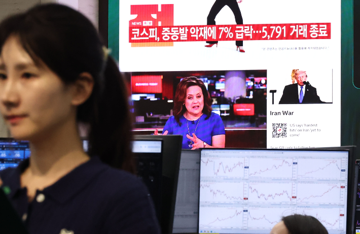 미국과 이란의 전쟁으로 지정학적 불안감이 지속되고 있는 3일 서울 중구 하나은행 딜링룸에서 현황판에 이란 사태 관련 뉴스가 나오고 있다. 연합뉴스