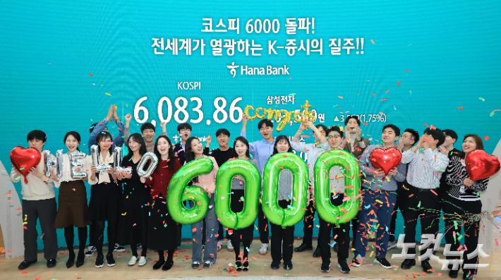코스피가 종가 기준 사상 처음 6000선을 돌파한 25일 오후 서울 중구 하나은행 본점 딜링룸에서 직원들이 축하 세리머니를 하고 있다. 이날 코스피지수는 114.22p(1.91%)상승한 6,083.86에 장을 마감했다. 박종민 기자