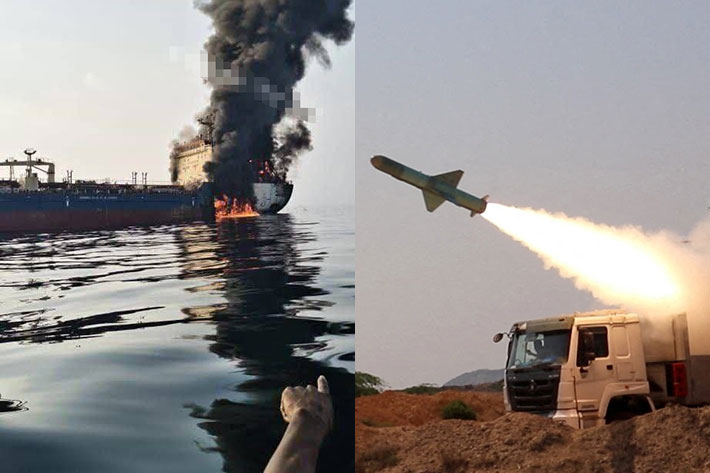 호르무즈해협을 지나가던 선박을 공격했다고 주장하는 이란 혁명수비대 X 게시물, 오른쪽은 이란 혁명수비대의 미사일 발사 훈련 모습. 연합뉴스·X 캡처