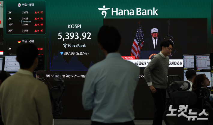 미국-이란의 전쟁으로 증시가 급락세를 보인 가운데 서울 중구 하나은행 본점 딜링룸에서 직원들이 주가 전광판을 응시하고 있다. 황진환 기자