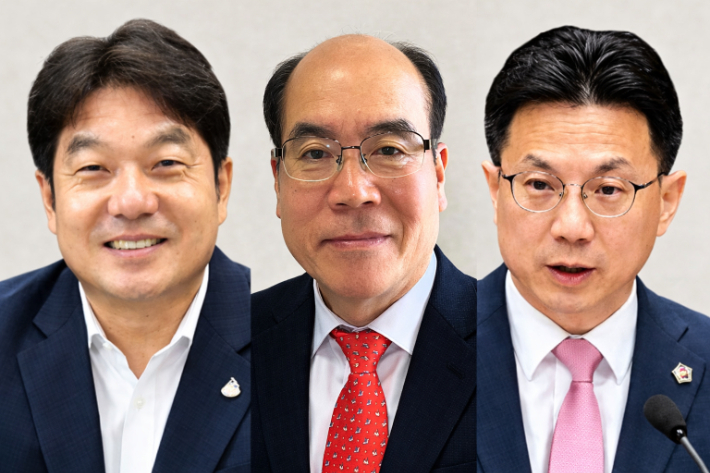 부산 동래구청장 재선에 도전하는 장준용 현 구청장(왼쪽)과 출마를 선언한 권오성 전 부산시의원(가운데), 시의원직을 사퇴하고 동래구청장 선거에 뛰어든 박중묵 전 부산시의원(오른쪽). 국민의힘 제공