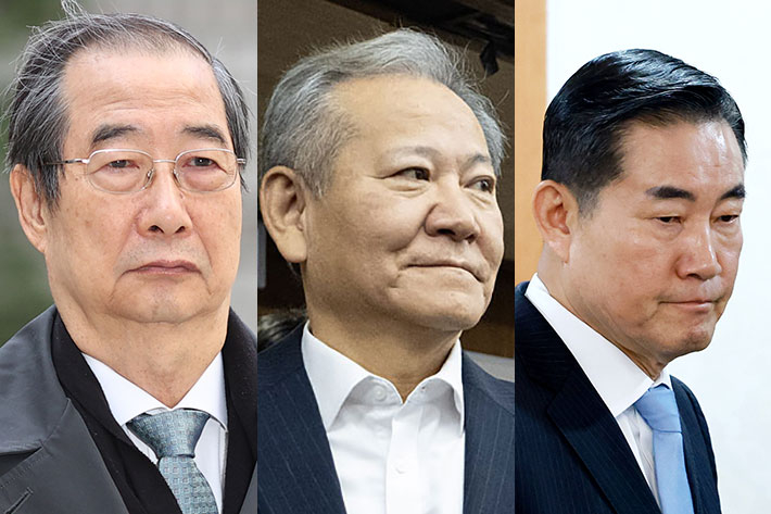 왼쪽부터 한덕수 전 국무총리, 이상민 전 행정안전부 장관, 신원식 전 국방부 장관. 연합뉴스