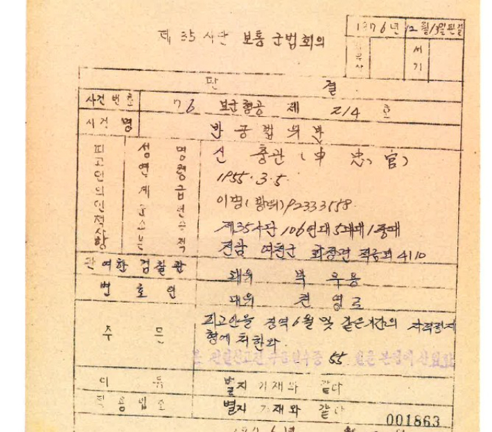 지난 1976년 반공법 위반 혐의로 불법구금돼 재판을 받은 신씨의 판결문. 최정규 변호사 제공