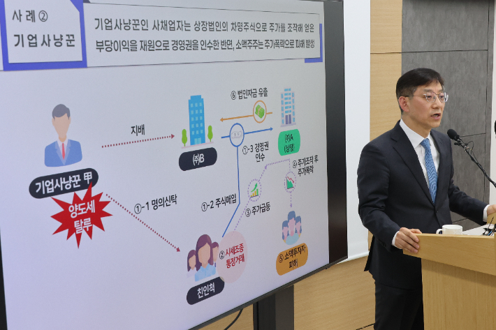 안덕수 국세청 조사국장이 5일 정부세종청사 국세청 기자실에서 주식시장 불공정 탈세자 세무조사 결과에 대해 브리핑하고 있다. 연합뉴스
