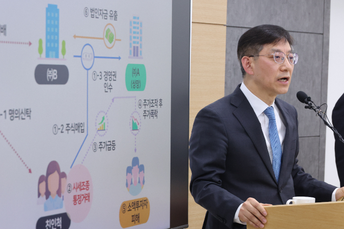 안덕수 국세청 조사국장이 5일 정부세종청사 국세청 기자실에서 주식시장 불공정 탈세자 세무조사 결과에 대해 브리핑하고 있다. 연합뉴스