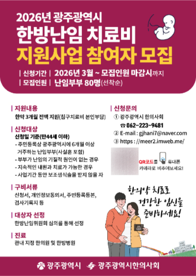 광주광역시(시장 강기정)는 난임 부부의 치료 접근성을 높이고 경제적 부담을 덜어주기 위해 '2026년 한방 난임치료비 지원사업'을 시행한다고 밝혔다. 광주시 제공