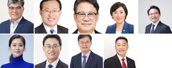 광주 북구청장 민주당 후보들. (사진 왼쪽부터) 김대원 전 대통령선거 혁신특보단 부단장. 김동찬 전 광주상생일자리재단 대표이사. 문상필 더불어민주당 부대변인. 신수정 광주광역시의회 의장. 오주섭 전 광주경제정의실천시민연합 사무처장. 정다은 민변 출신 변호사. 정달성 민주당 당대표 특보. 조호권 민주연구원 부원장. 김주업 진보당 광주시당 위원장 중앙선거관리위원회 제공