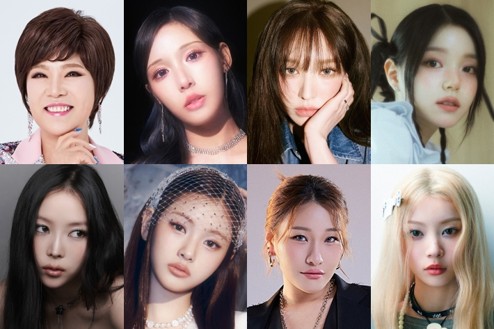 윗줄 왼쪽부터 김연자, 라잇썸 초원, 레드벨벳 웬디, 로시. 아랫줄 왼쪽부터 미야오 나린, 베이비돈크라이 이현, 손승연, 아일릿 모카. 각 소속사 제공