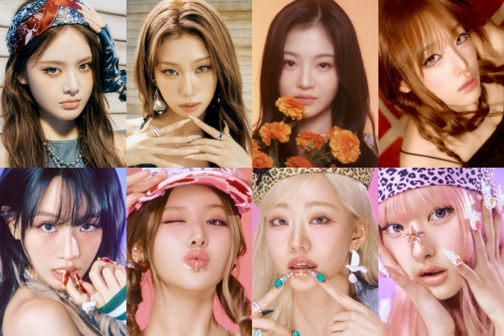 윗줄 왼쪽부터 이즈나 방지민·최정은, 정효빈, 최예나. 아랫줄 왼쪽부터 키스오브라이프 나띠·벨·쥴리·하늘. 각 소속사 제공