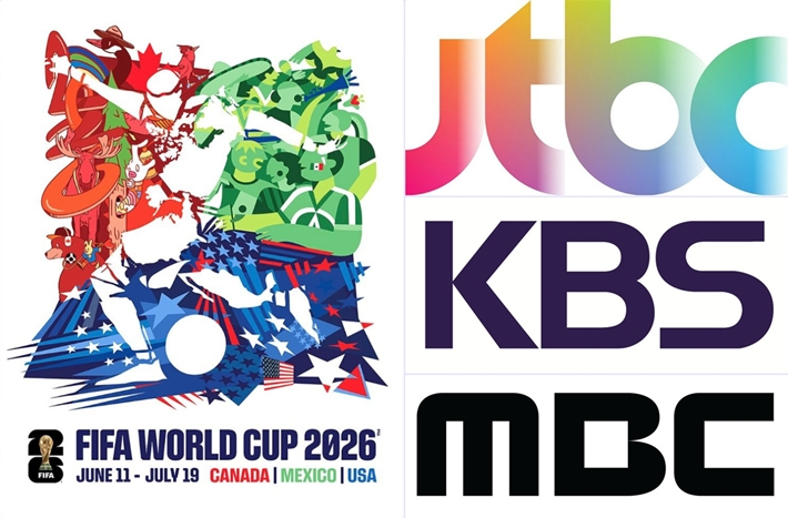 2026 북중미 월드컵 공식 포스터(사진 왼쪽)와 각 방송사 로고. FIFA, JTBC, KBS, MBC 제공