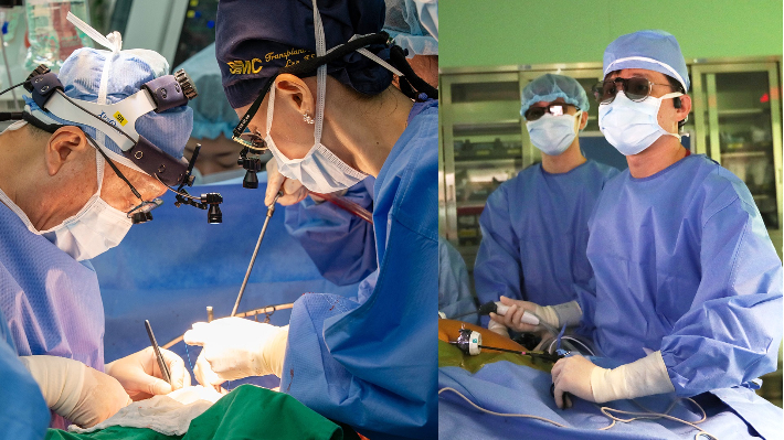 간이식 집도 중인 조재원 센터장∙이지수 교수(좌), 순수 복강경 기증자 간절제술 중인 안성효 교수(우). 삼성창원병원 제공