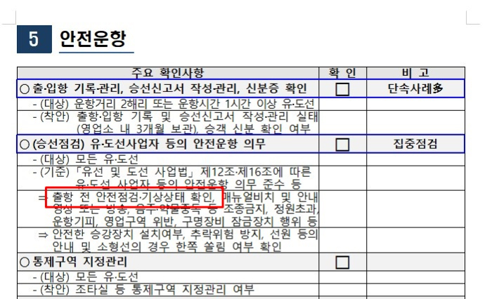지난해 4월 실시된 해경의 유도선 집중안전점검 체크리스트. 해경 제공