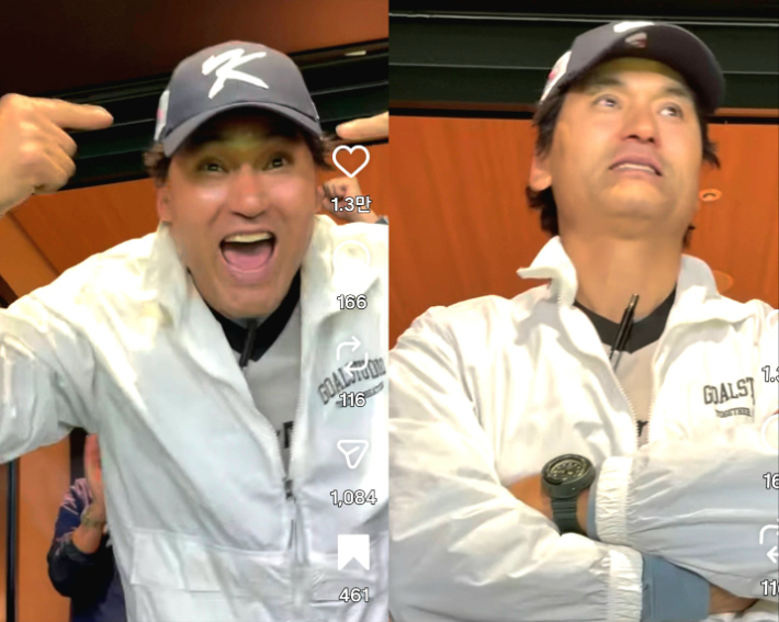 '코리안 특급' 박찬호가 대한민국 야구대표팀의 8강 확정 후 기뻐하고 있다. 사진 오른쪽은 눈시울이 붉어진 모습. 박찬호 SNS 영상 캡처