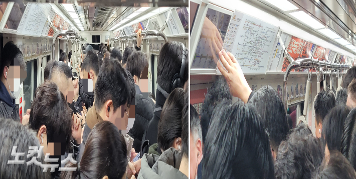 출근 시간대 김포골드라인 열차 안에 승객이 꽉 찬 가운데, 한 승객은 손으로 차량 벽면을 짚어 몸을 지탱하고 있다. 박창주 기자